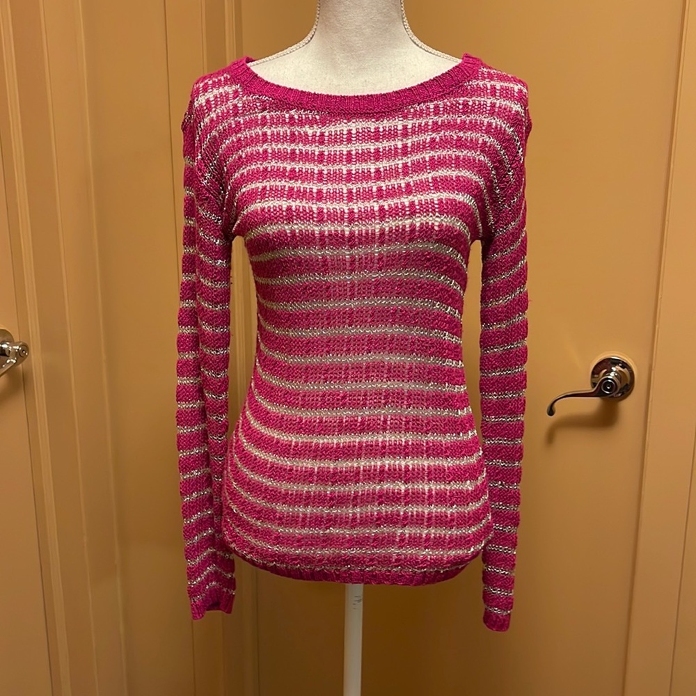 Banana republic, sweater, size extra, small crochet, hot, pink, and silver